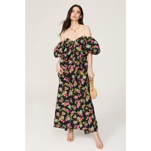 CAROLINE CONSTAS Reyna Black Floral Puff Sleeve Empire Waist Maxi Dress Size M